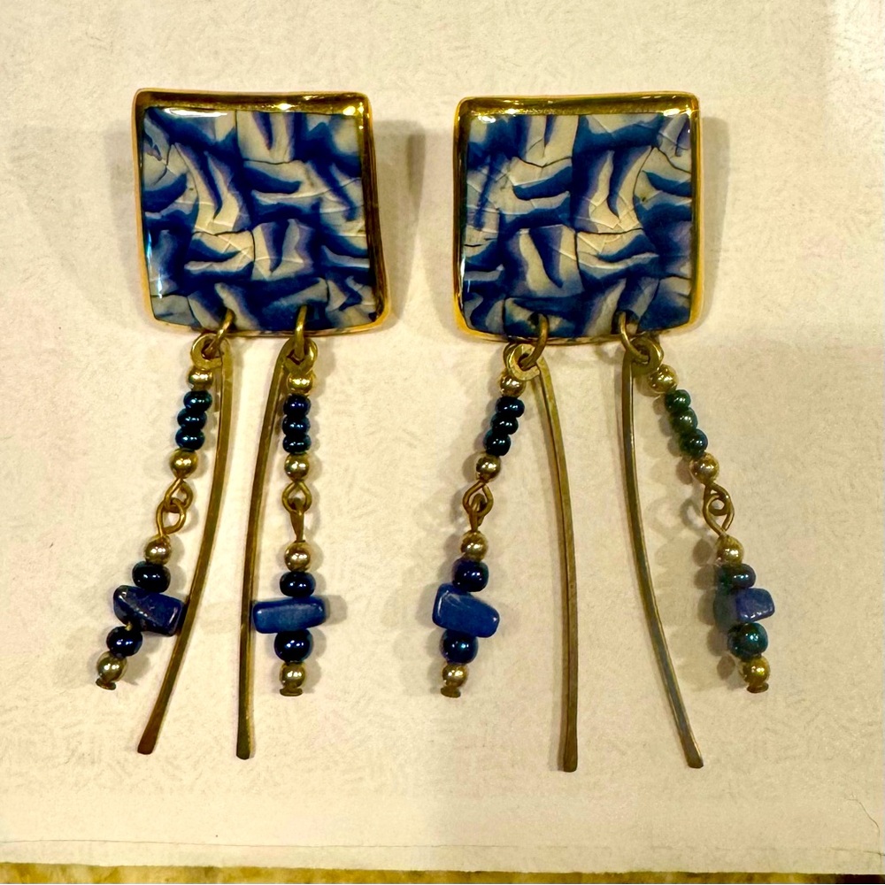 Blue and White Gold Tone Earrings